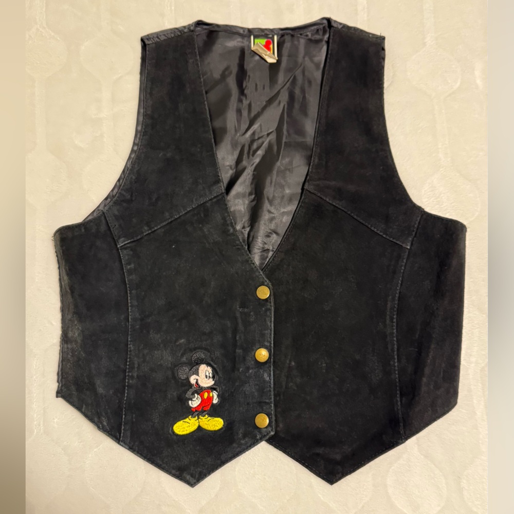 Disney Black Vest Genuine Leather with Embroidery Mickey Mouse Suede Size S/M